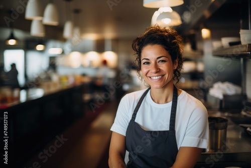 Portrait of a middle aged hispanic female chef in commercial kitchen photo