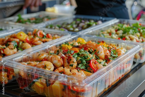 Catering food in plastic boxes close up