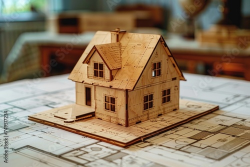 Wooden house model on architectural blueprints