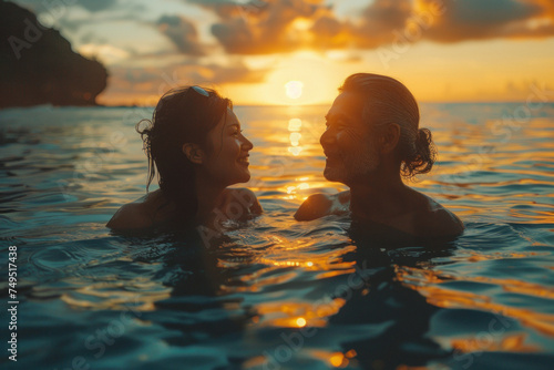 Asian old couple in love swim in tropical sea