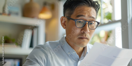 Focused Adult Man in Glasses Analyzing Paper Document in Bright Interior Setting. Home office. 