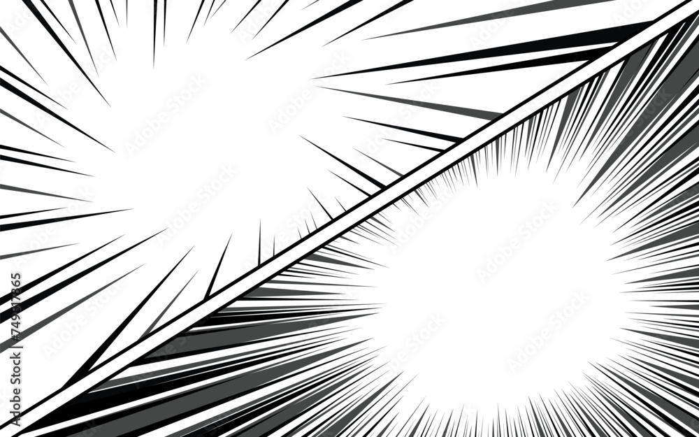 Comic book page background with radial effect. Black and white vector retro illustration