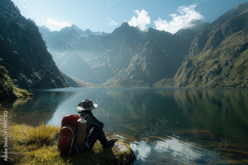 Traveler resting by a serene mountain lake, reflection in the water, surrounded by majestic peaks