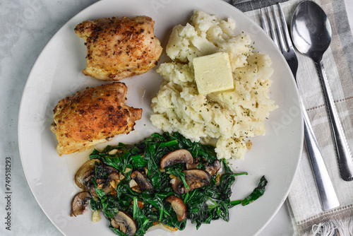  two chicken thighs with sauteed spinach and mushrooms