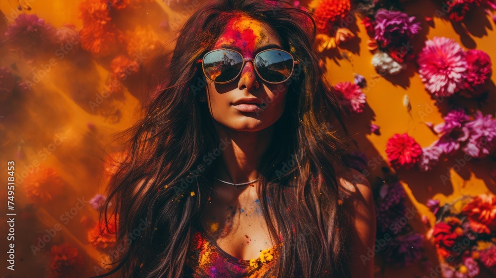 Fototapeta premium Portrait of a young beautiful girl in sunglasses on a background of flowers.