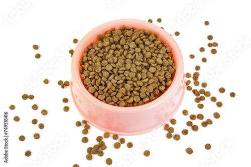 Dry Pet Food in a bowl isolated on white background. Dog or cat food isolated.