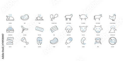 meat icons set. Set of editable stroke icons.Vector set of meat