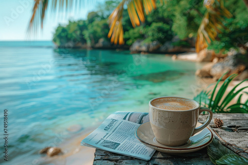 Coffee with fresh newspaper on table on shore of tropical sea with palm trees.