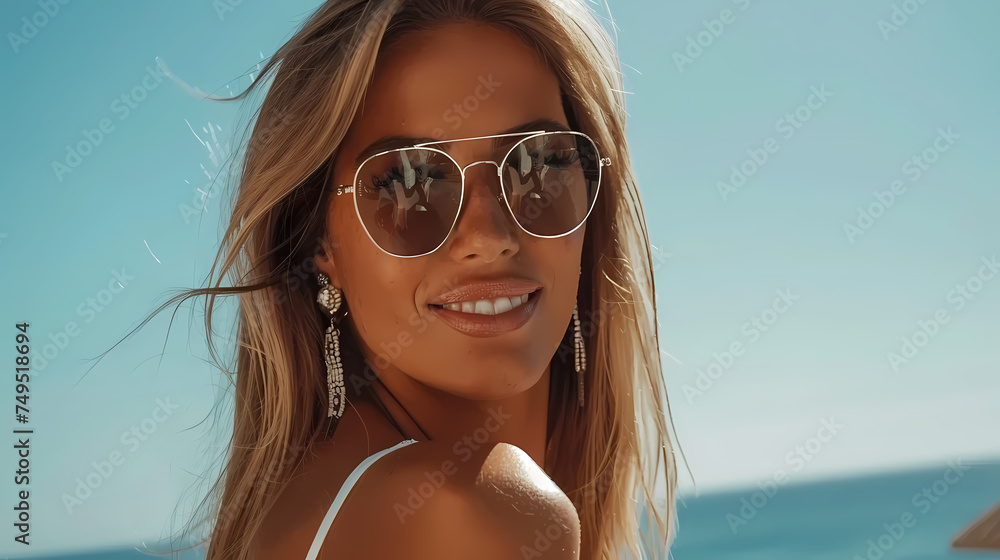 Smiling Woman Wearing Sunglasses on a Sunny Beach Day Smiling Woman Wearing Sunglasses on a Sunny Beach Day