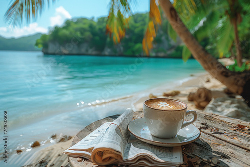 Coffee with fresh newspaper on table on shore of tropical sea with palm trees.
