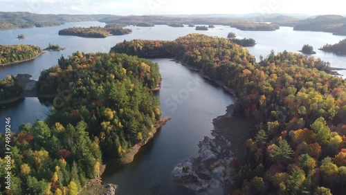 Aerial view of Quebec Lake with islands in a sunny autumn day photo