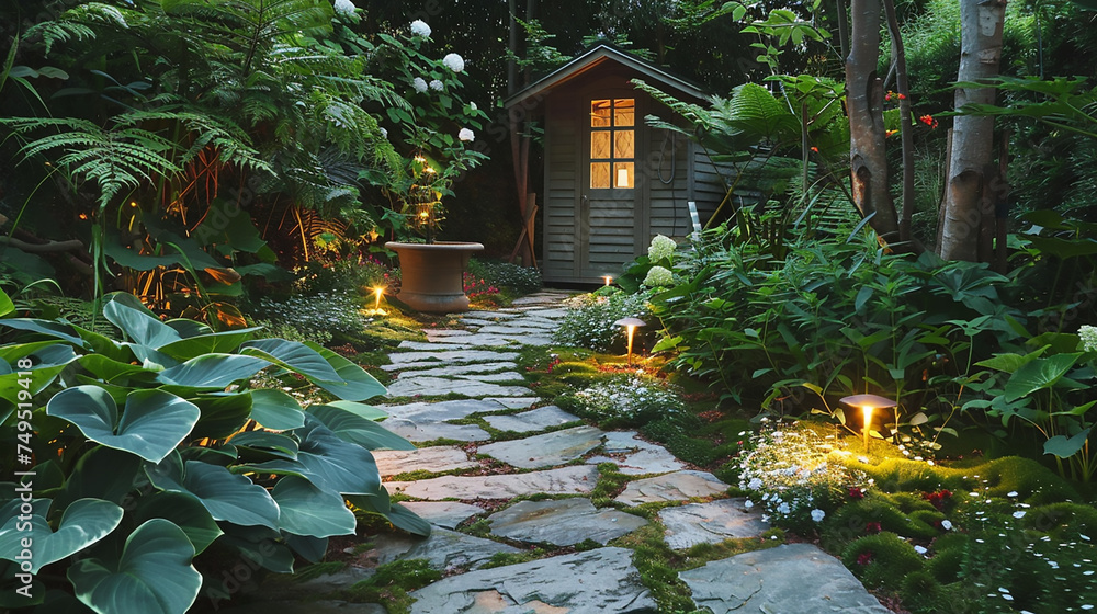 A stone garden pathway, bordered by lush greenery and illuminated by soft garden lights, leading to a charming garden shed.