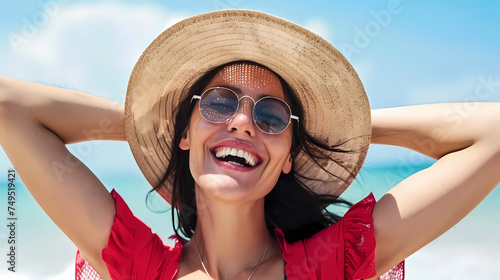 Smiling Woman in Red Swimwear and Straw Hat on Sunny Beach Day © Artistic Visions