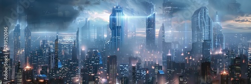 Elevated view of future city with spotlights - Elevated cityscape of a futuristic city with imposing buildings and spotlight beams piercing the sky