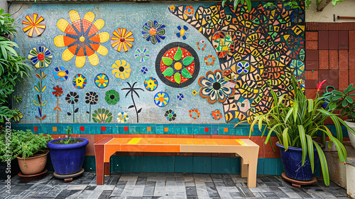 A vibrant outdoor wall decor featuring colorful mosaic patterns, adding a lively touch to a garden wall.