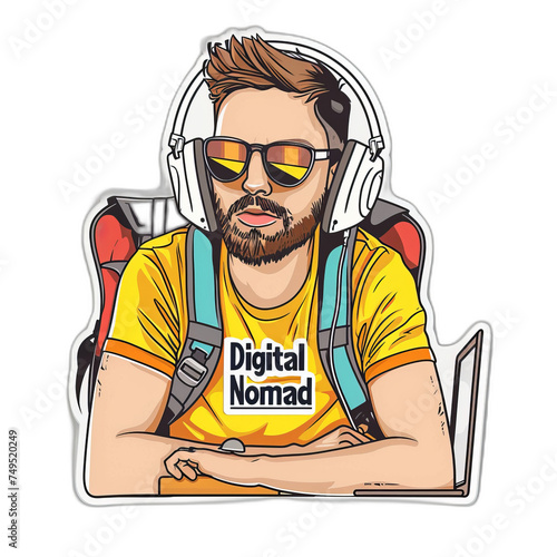 Comfortable and flexible job representation in a digital nomad sticker with a laptop.