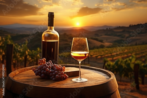 Glasses with wine, grapes on a wooden barrel against the backdrop of a vineyard and a beautiful sunset