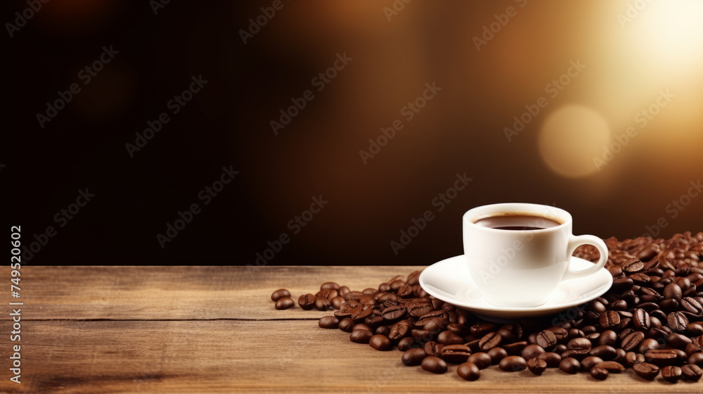 Coffee cup and coffee beans on wooden table with bokeh background Coffee cup and coffee beans on wooden table with bokeh background