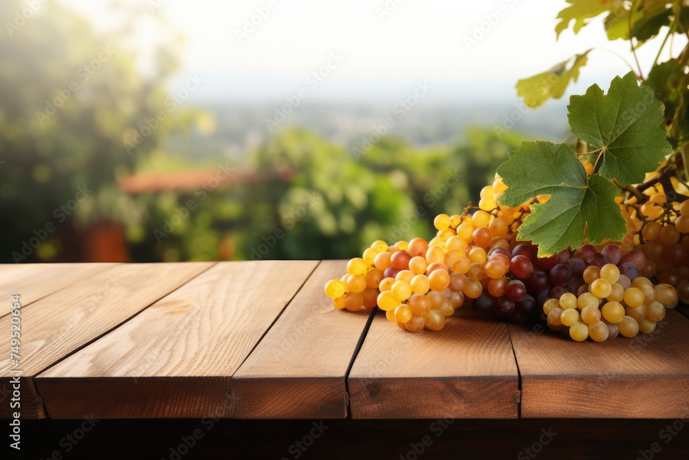 Empty wooden table for product demonstration and presentation on the background of a vineyard. Ripe grapes lie on the side of the table.The concept of harvest, winemaking. Mock up.Copy space. - obrazy, fototapety, plakaty 