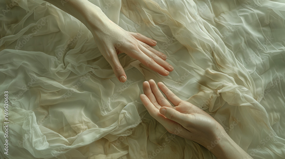 Two hands touching over crumpled beige fabric. Two hands touching over crumpled beige fabric.