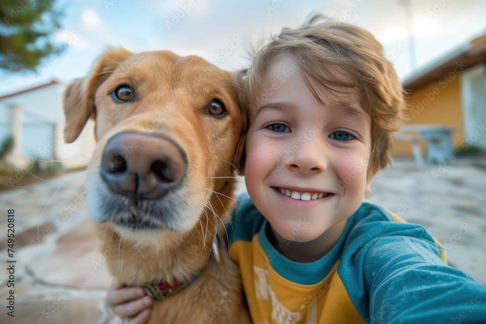 happy little boy takes a selfie with his dog