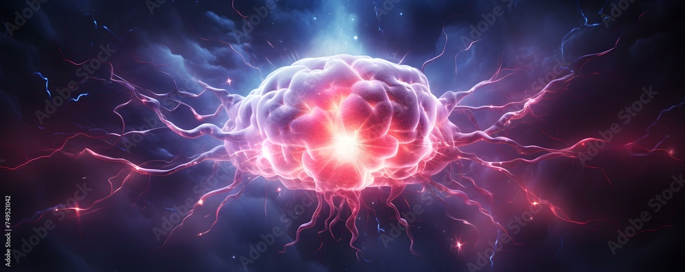 Digital representation of human brain neurons and lightning bolts in background. Concept Neural Network Visualization, Brain Neurons, Lightning Bolts, Digital Art, Scientific Concept - obrazy, fototapety, plakaty 