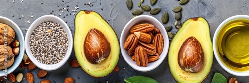 Assorted healthy fats like avocado, nuts, seeds, olive oil, with space for text or design placement. photo