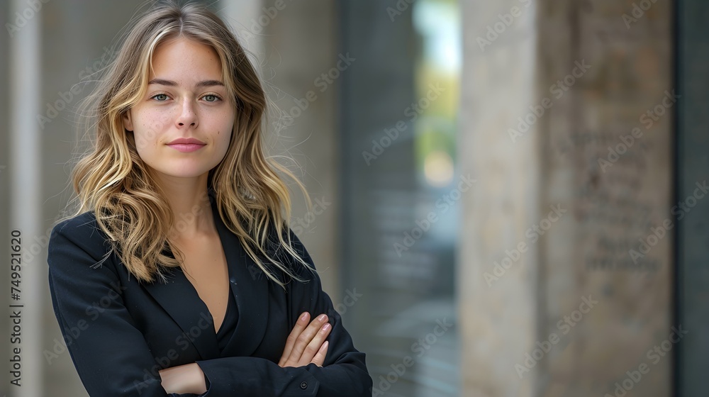 Fototapeta premium A confident young woman stands outside an office building with crossed arms. Concept Portrait Photography, Confidence, Professional Attire, Urban Setting, Corporate Image