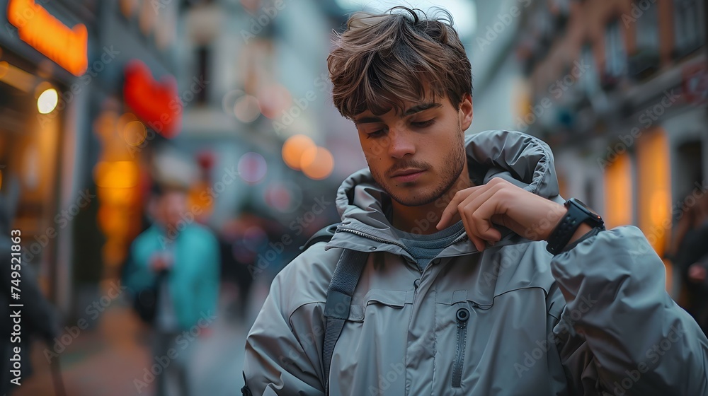 Fototapeta premium A young man in workout clothes checks his smartwatch on the street. Concept Fitness, Technology, Smartwatch, Lifestyle, Active Living