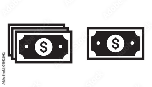 Cash Doller icon set. banknote paper money vector symbol with dollar sign in black filled style.