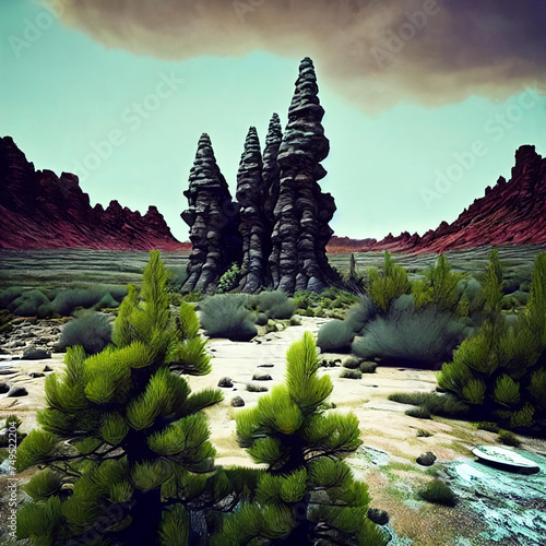 Post-nuclear Wilderness. Landscape transformed by nuclear fallout, featuring mutated flora photo