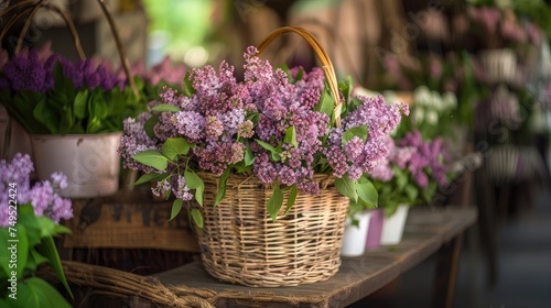 Showcase freshly cut flowers of lilac in a wicker basket  capturing the beauty of garden-to-basket freshness.