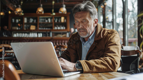 Thoughtful man working on laptop in a cozy café with soft natural light.