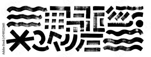 Bold curved smears and waves collection with brush drawn rectangles and asterisk. Hand drawn vector geometric shapes, stripes and lines.