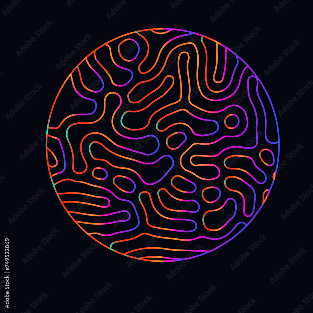 Neon holographic circle with warped and glitched texture of lines. Neon holographic circle with warped and glitched texture of lines.