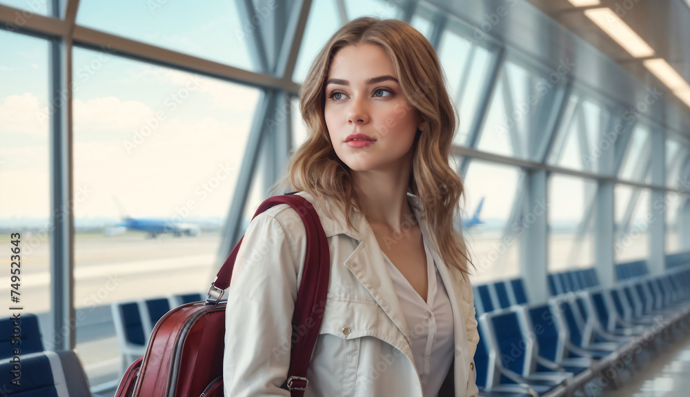 A young tourist woman with her luggage stands at the airport window, observing the travel lifestyle A young tourist woman with her luggage stands at the airport window, observing the travel lifestyle