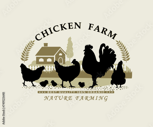 Frame with chicken farm objects silhouettes and text for product labels. Vector illustration. 