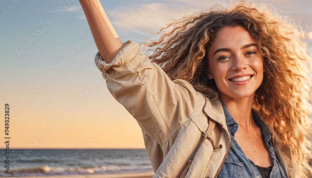 A lonely travel girl with a backpack is enjoying the outdoors on a rocky beach while gazing at the sunset over the sea
A lonely travel girl with a backpack is enjoying the outdoors on a rocky beach while gazing at the sunset over the sea