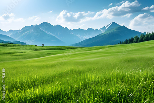Green grass field with mountain isolated on white background, for montage product display. with clipping path