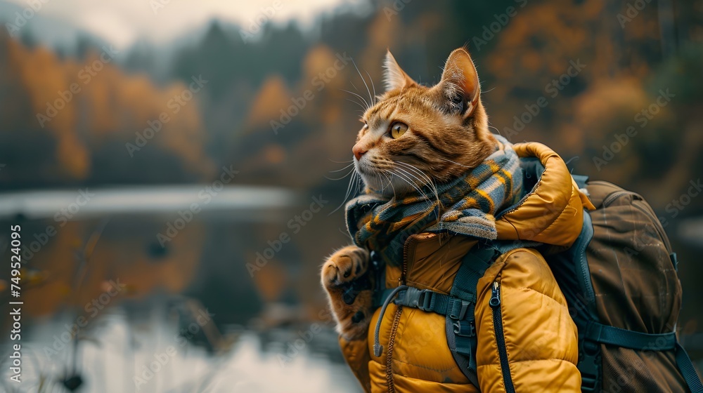 Adventurous Cat Explores Scenic Landscapes in Travel Gear and Backpack. Concept Adventure, Cat, Scenic Landscapes, Travel Gear, Backpack