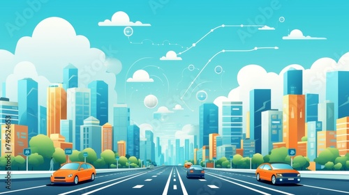 Social networking city and town with automation car on the world symbols moving from buildings to cloud using wifi. Vector illustration, penology, communication, generation, modern,
