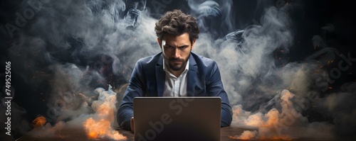 Businessman feeling stressed while working with a computer symbolizing the blend of pressure and technology. Concept Technology, Pressure, Stress, Business, Work Life Balance