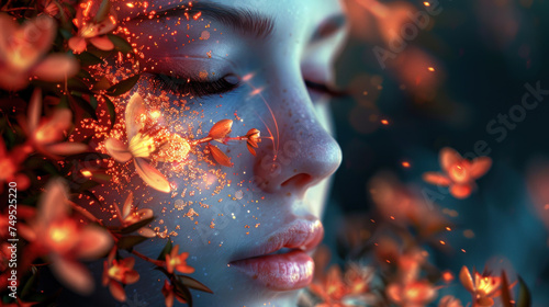 Woman with Glowing Flowers Fantasy Portrait