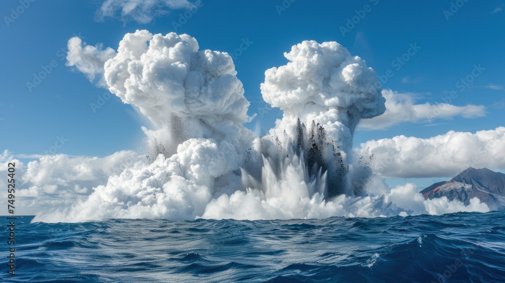 Volcano eruption in the sea, new island formation, day light