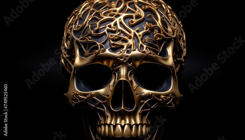 Golden decorative metallic golden brain skull on dark background