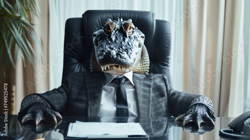 Scary, cold-blooded, heartless corporate boss depicted as crocodile or alligator in his office