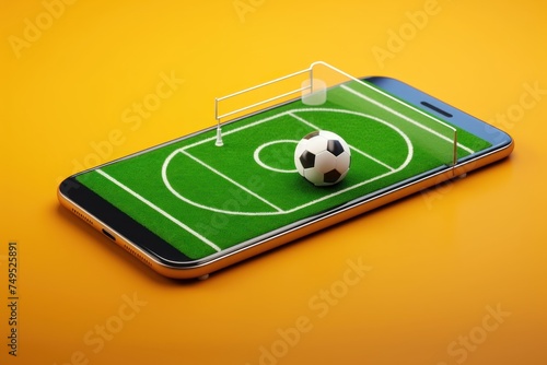 Smartphone with soccer field on orange background. 3d illustration. Online Casino and Betting Concept with Copy Space. Gambling Concept.
