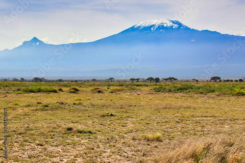 Mount Kilimanjaro towers over the vast Amboseli national park savanna providing a picture perfect backdrop to a classical African scene.