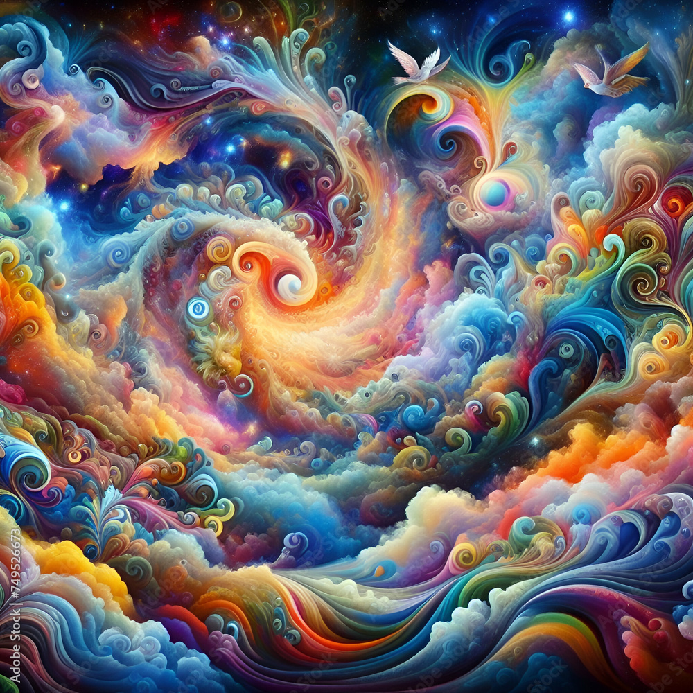 A psychedelic dreamscape, with swirling patterns of bright colours and surreal elements like floating clouds and fantastical creatures, evoking a sense of wonder and imagination A psychedelic dreamscape, with swirling patterns of bright colours and surreal elements like floating clouds and fantastical creatures, evoking a sense of wonder and imagination