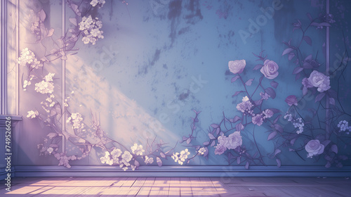 Abstract purple flowers with a white wooden wall in the background